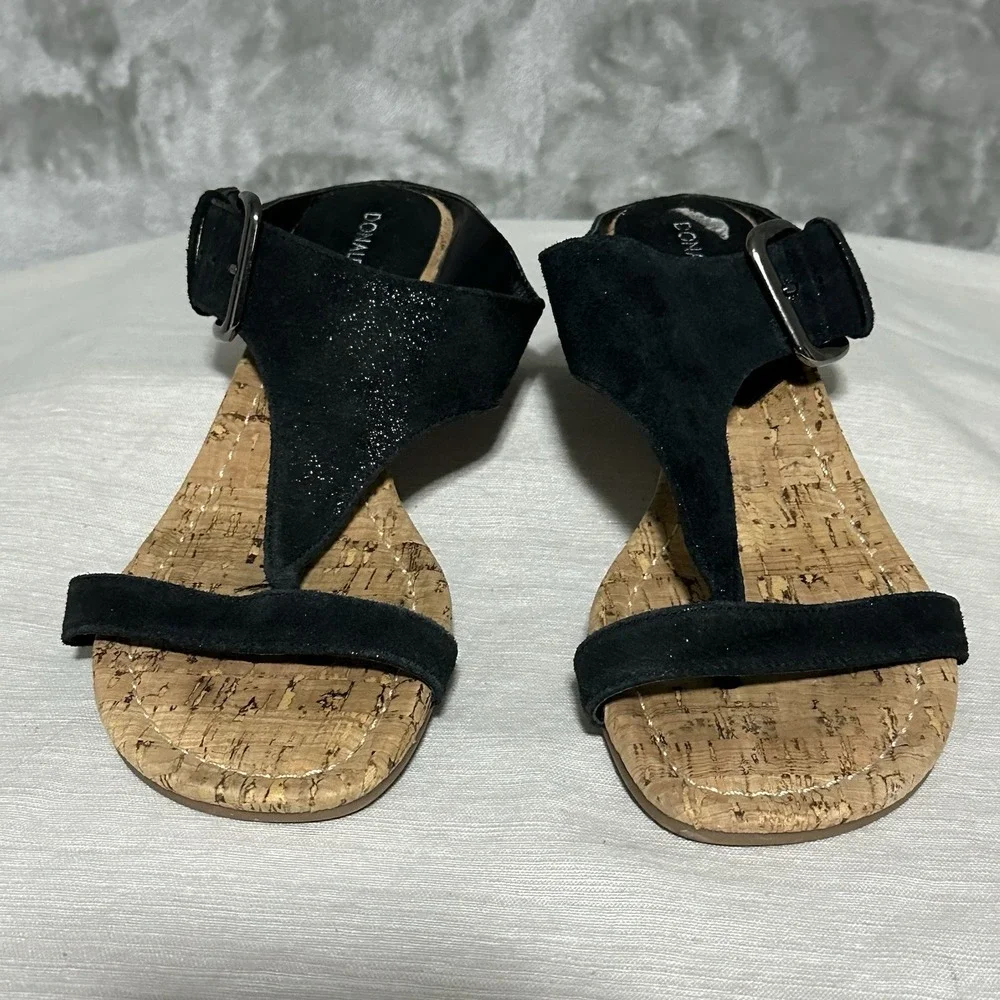 Donald Pliner Donni Metallic Leather Cork Thong Wedge Sandals Womens‎ 7.5M Black